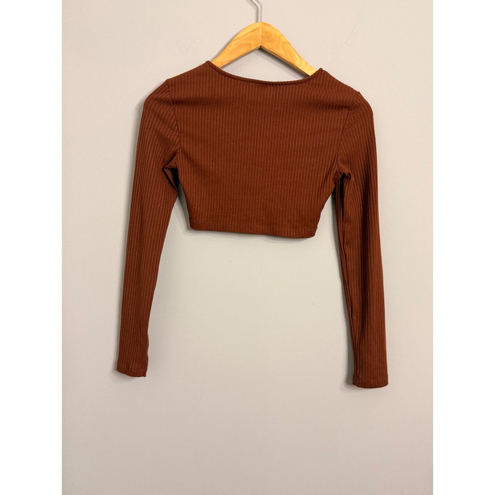 Princess Polly Ribbed Brown Twist Front Long Sleeve Crop Top Size US 2 - Picture 3 of 3
